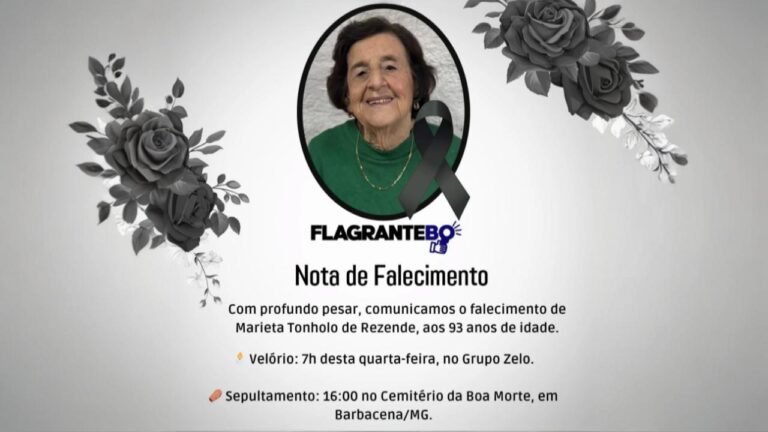Com profundo pesar, comunicamos o falecimento de Marieta Tonholo de Rezende, aos 93 anos de idade - Flagrante BQ